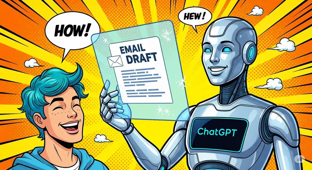 ChatGPTユーザーが、メールの原案をChatGPTにお願いしている場面