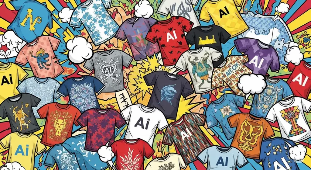 AIが作成した様々なデザインのTシャツをちりばめたイメージ画像