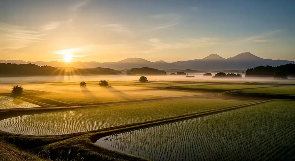 日の出の穏やかな日本の田園風景。水田と遠くの山々に霧がかかり、黄金色の光がパノラマに広がる。