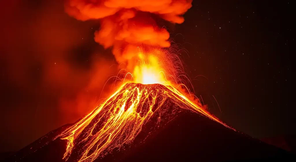夜に噴火する火山の写真のような画像。斜面を流れ落ちる溶岩、暗い空を覆う灰と煙、遠くに見える星々、長時間露光、--ar 21:9