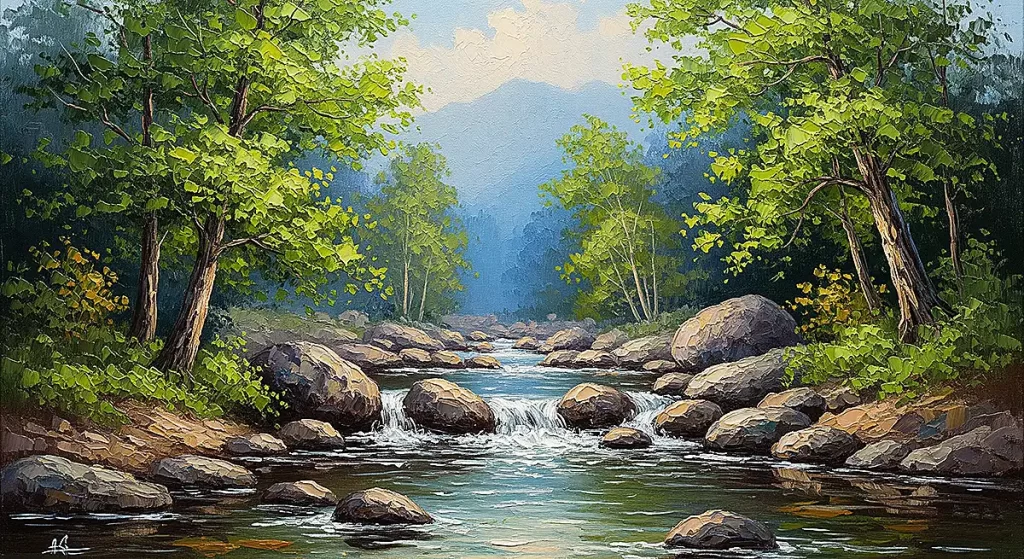 油絵絵のような重厚なタッチで渓流の風景画