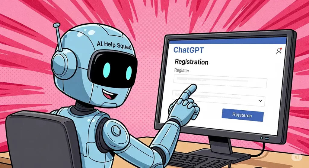 AIお助け隊のキャラクターがChatGPTのアカウント登録を一生懸命しているイメージ