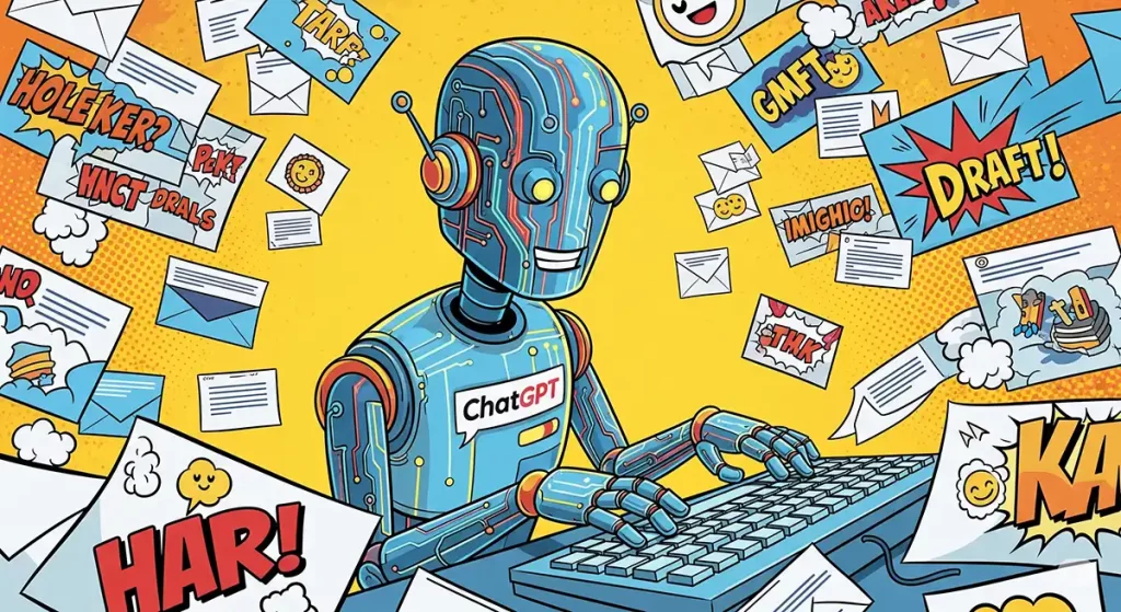 ChatGPTが、たくさんのメール案を忙しそうにしかもうれしそうに考案している場面