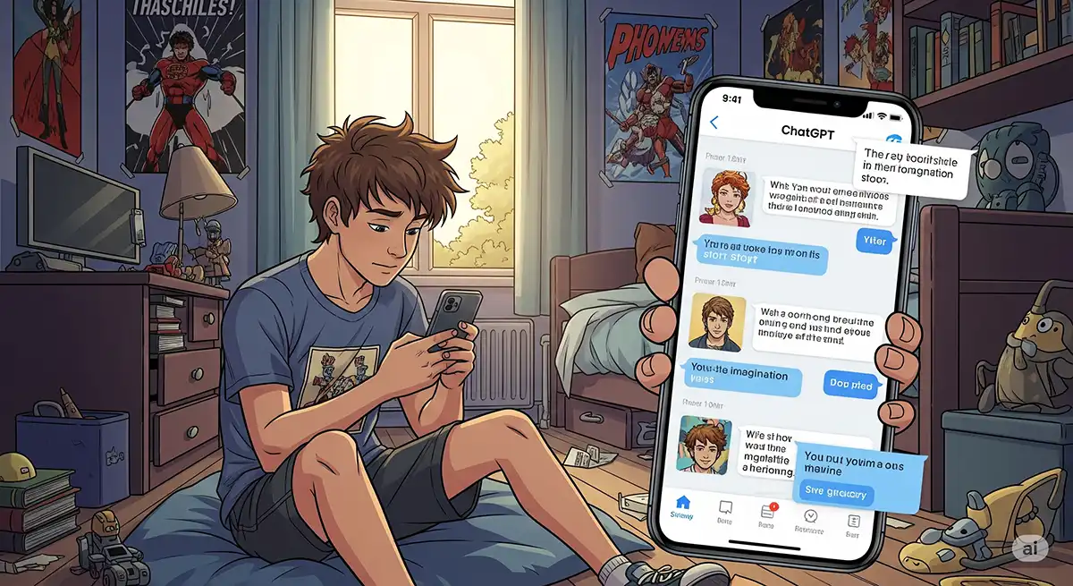 スマホとにらめっこして短編小説をChatGPTと一緒に考えている17才の少年