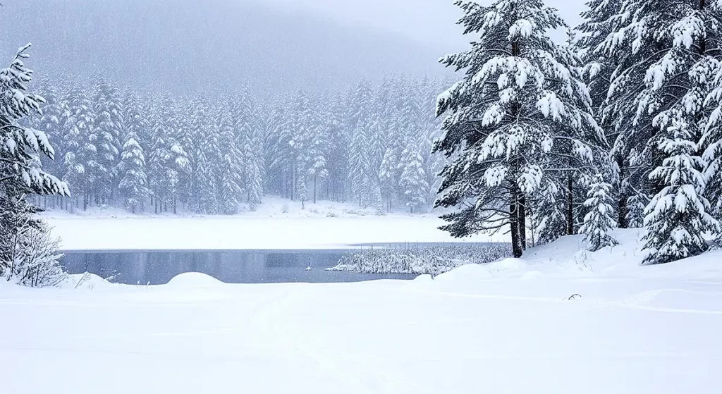 雪に覆われた松の木々のある静かな冬の風景、柔らかな朝の光を反射する凍った湖、穏やかな降雪、新雪に残る足跡、柔らかな光、50mmレンズ