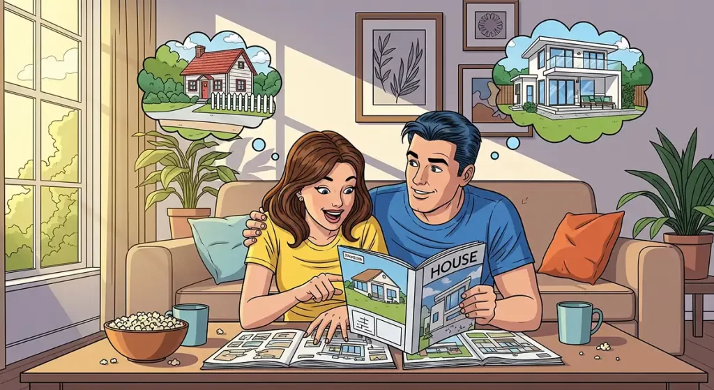 イスに座りながら住宅カタログを広げ、理想のわが家を妄想している若夫婦
