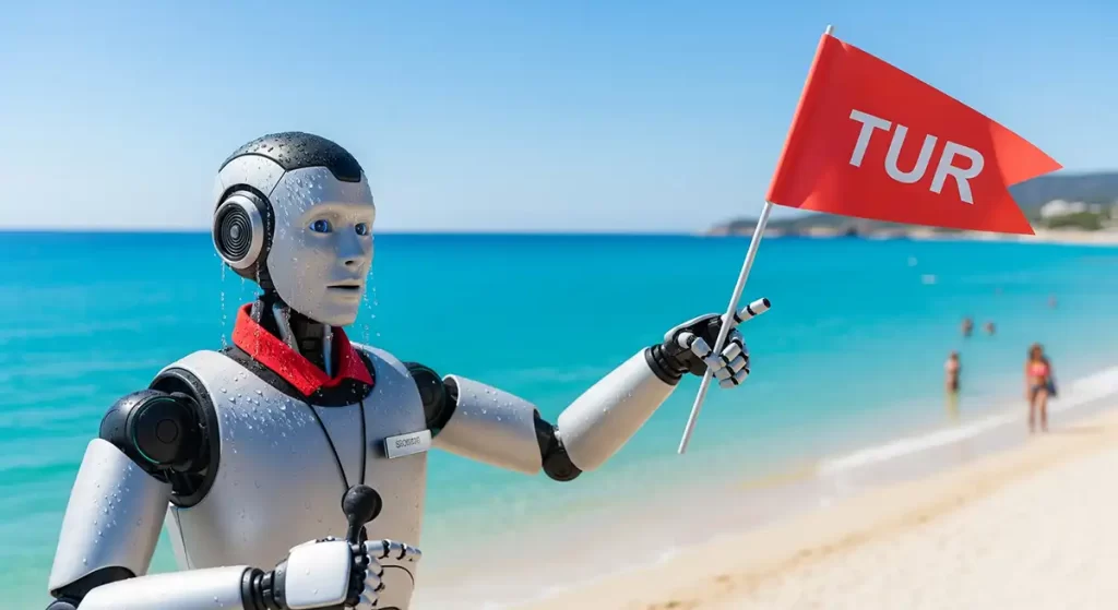 AIロボの旅行添乗員が観光地で汗をかきかきツアー客に観光案内をしている場面