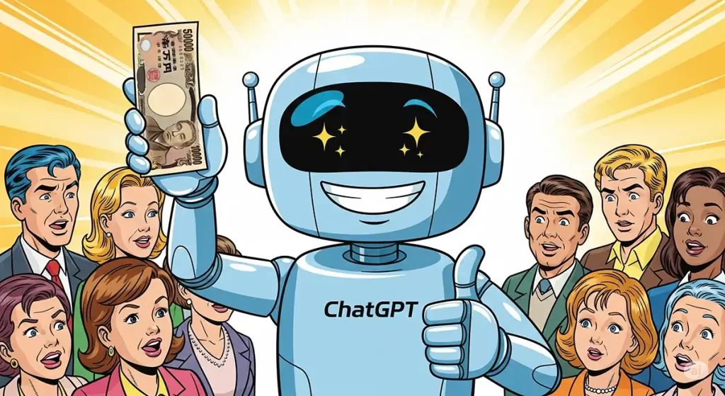 ChatGPTロボが副業で稼いだ5万円を右手で持ちひらひらさせて満足そうな顔をしている場面