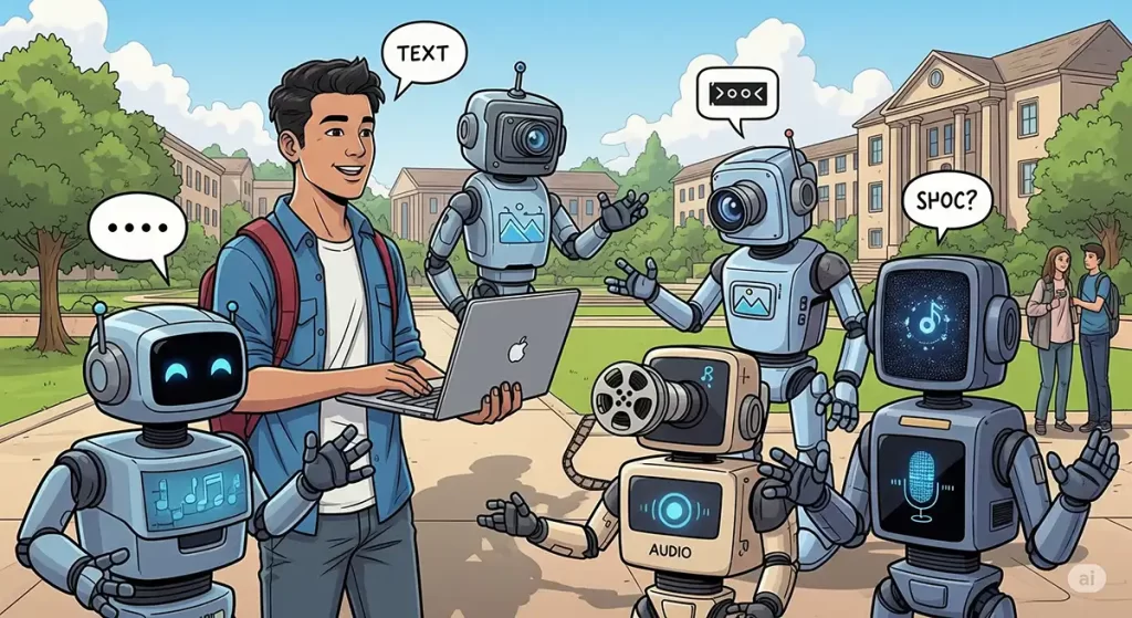 5種類の生成AIロボと会話している工学系の大学生