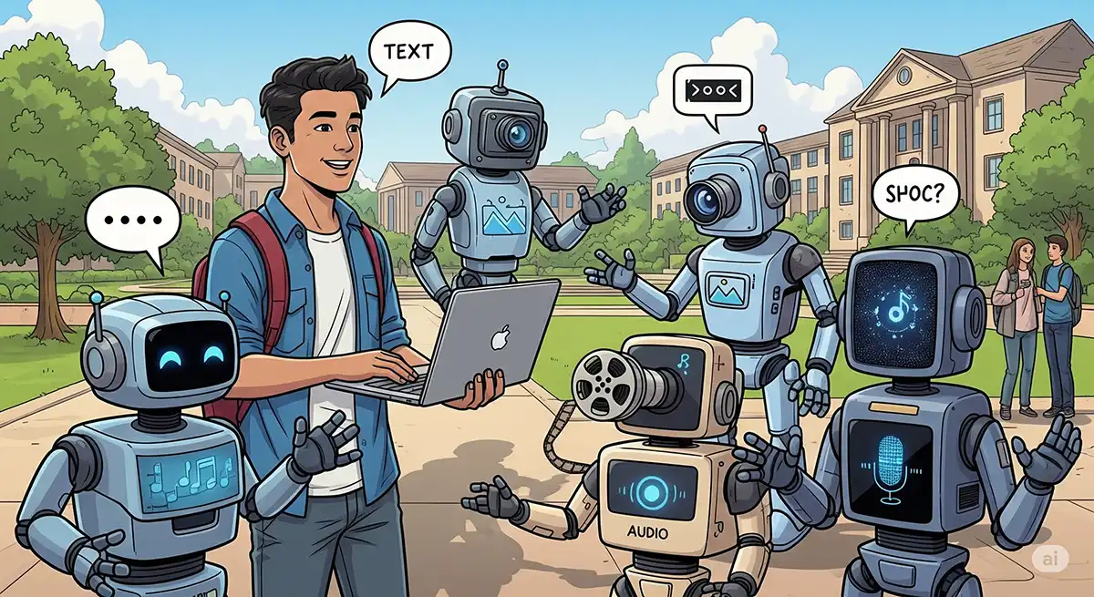 5種類の生成AIロボと会話している工学系の大学生
