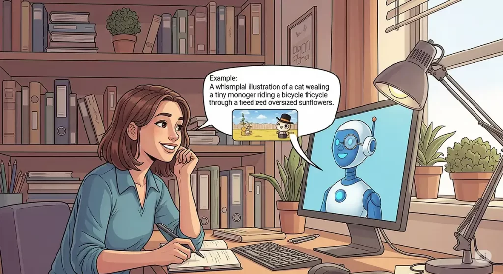 自宅の勉強部屋にて、生成AI初心者のユーザーが、パソコン画面内の生成AIロボにプロンプトについていろいろと教えを受けている場面