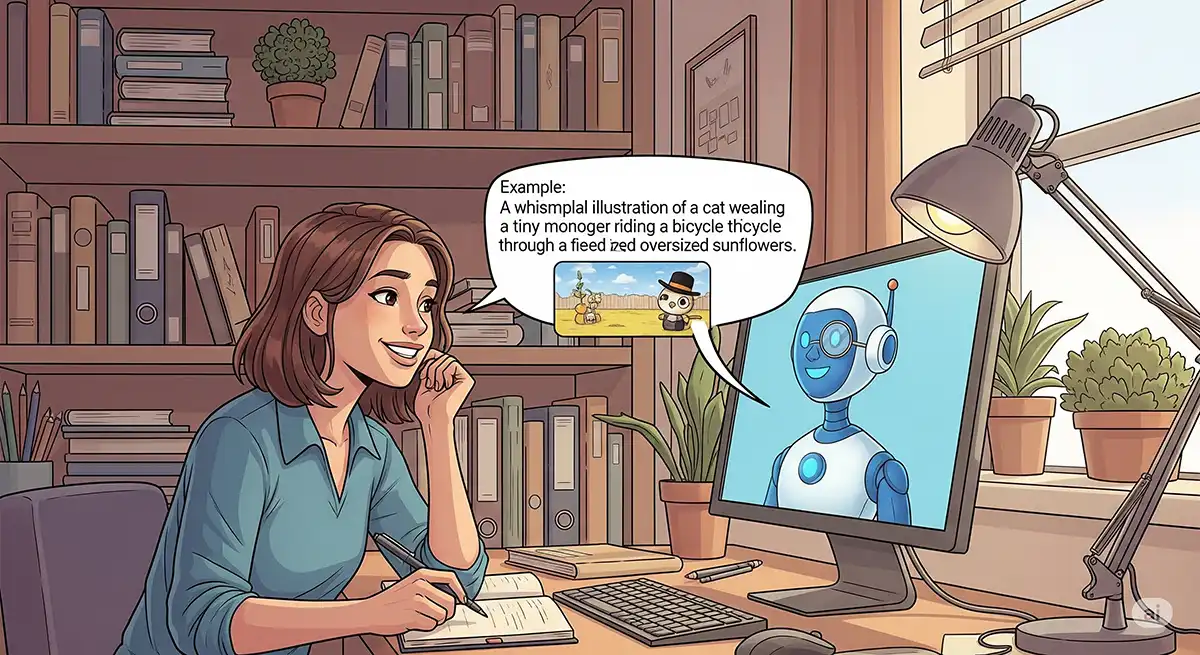 自宅の勉強部屋にて、生成AI初心者のユーザーが、パソコン画面内の生成AIロボにプロンプトについていろいろと教えを受けている場面
