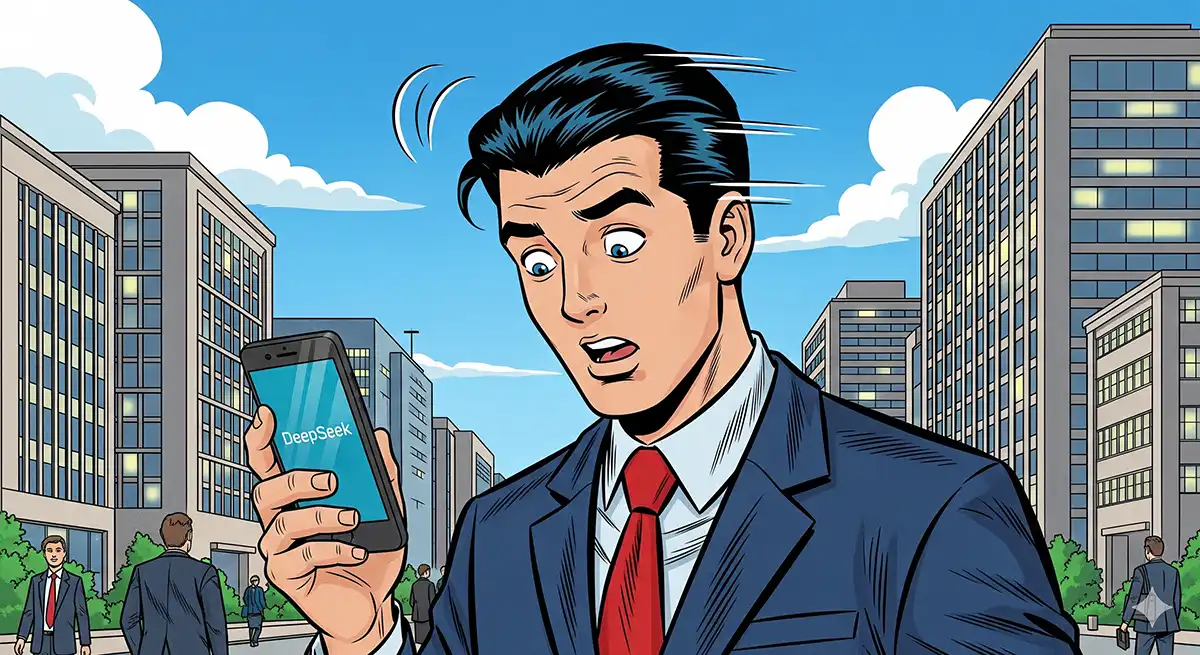 片手に持ったスマホをのぞき込みながらDeepSeekで情報を集めているスーツ姿のサラリーマン