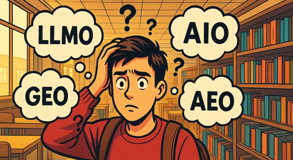 AI最適化ワードが整理しきれなくて頭の中がごちゃごちゃで困り顔の大学生