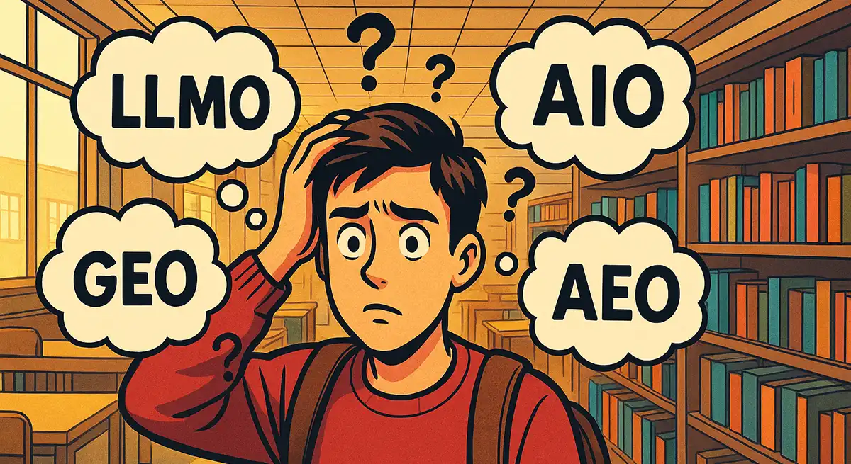 AI最適化ワードが整理しきれなくて頭の中がごちゃごちゃで困り顔の大学生
