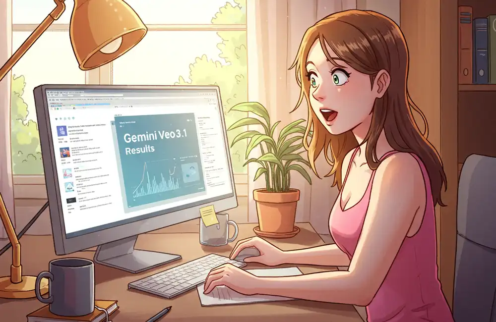 机上のパソコンでGemini Veo3.1を利用している女子大学生