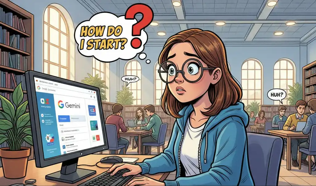 大学の図書室に置かれたパソコンで、初めてGoogle Geminiを使う事になり少々戸惑っている女子大生