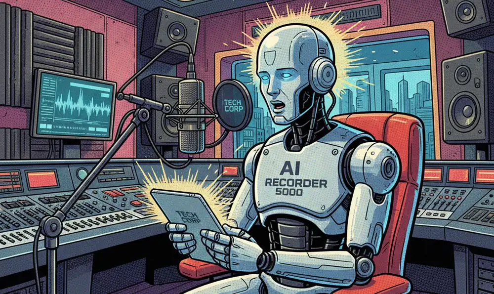 録音スタジオにて、マイクを前にして文字原稿を読み上げている生成AIロボ