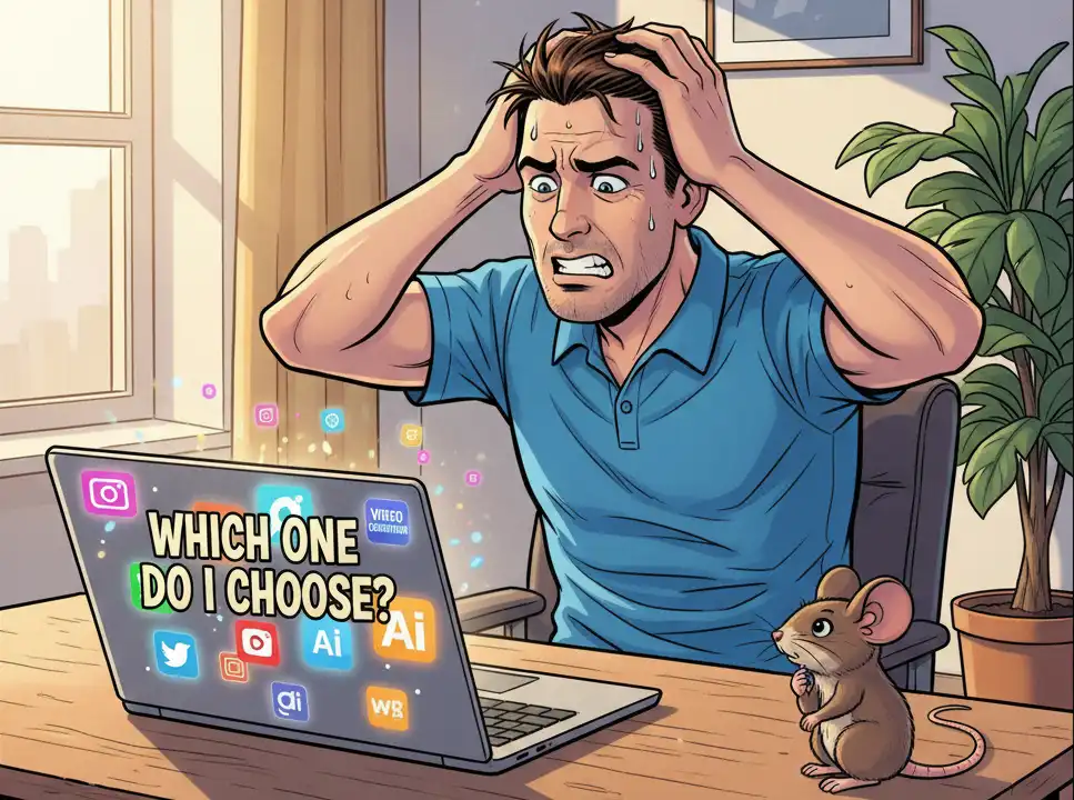 動画生成AIをどう選んでいいかわからず頭をかきながら困っているユーチューバー