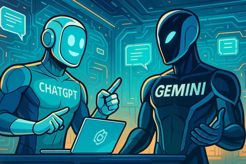ChatGPTがGeminiに英語プロンプトで指示を与えている場面