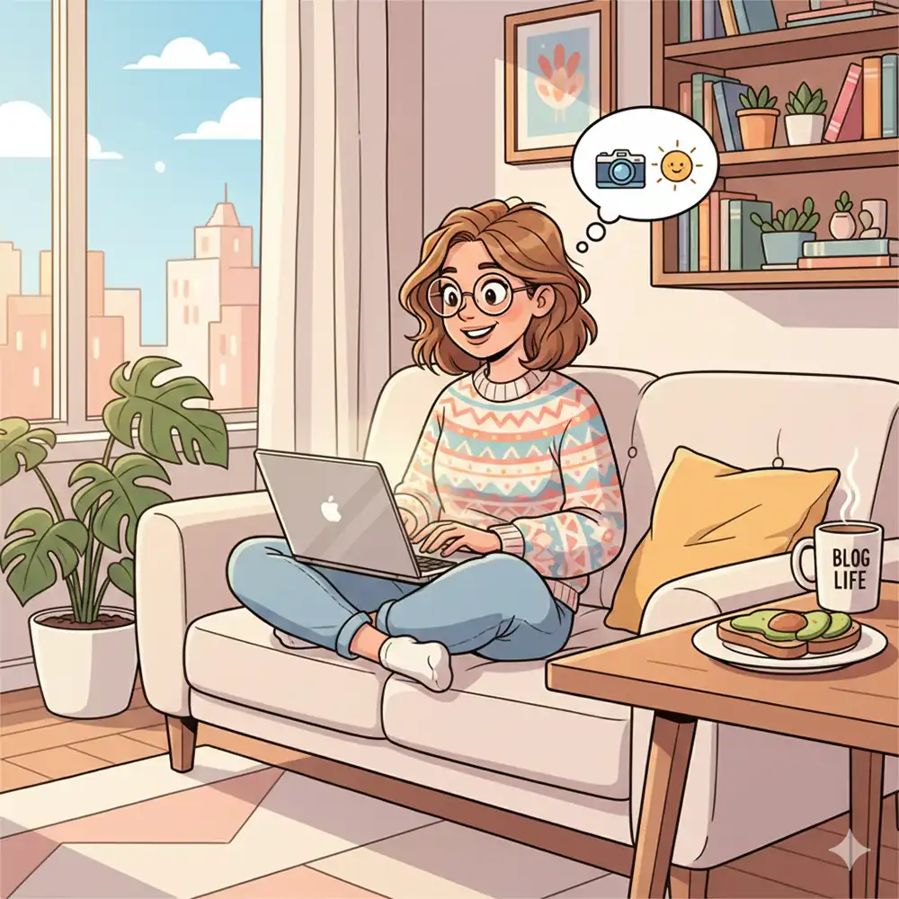 明るい部屋でノートパソコンで作業するブロガー