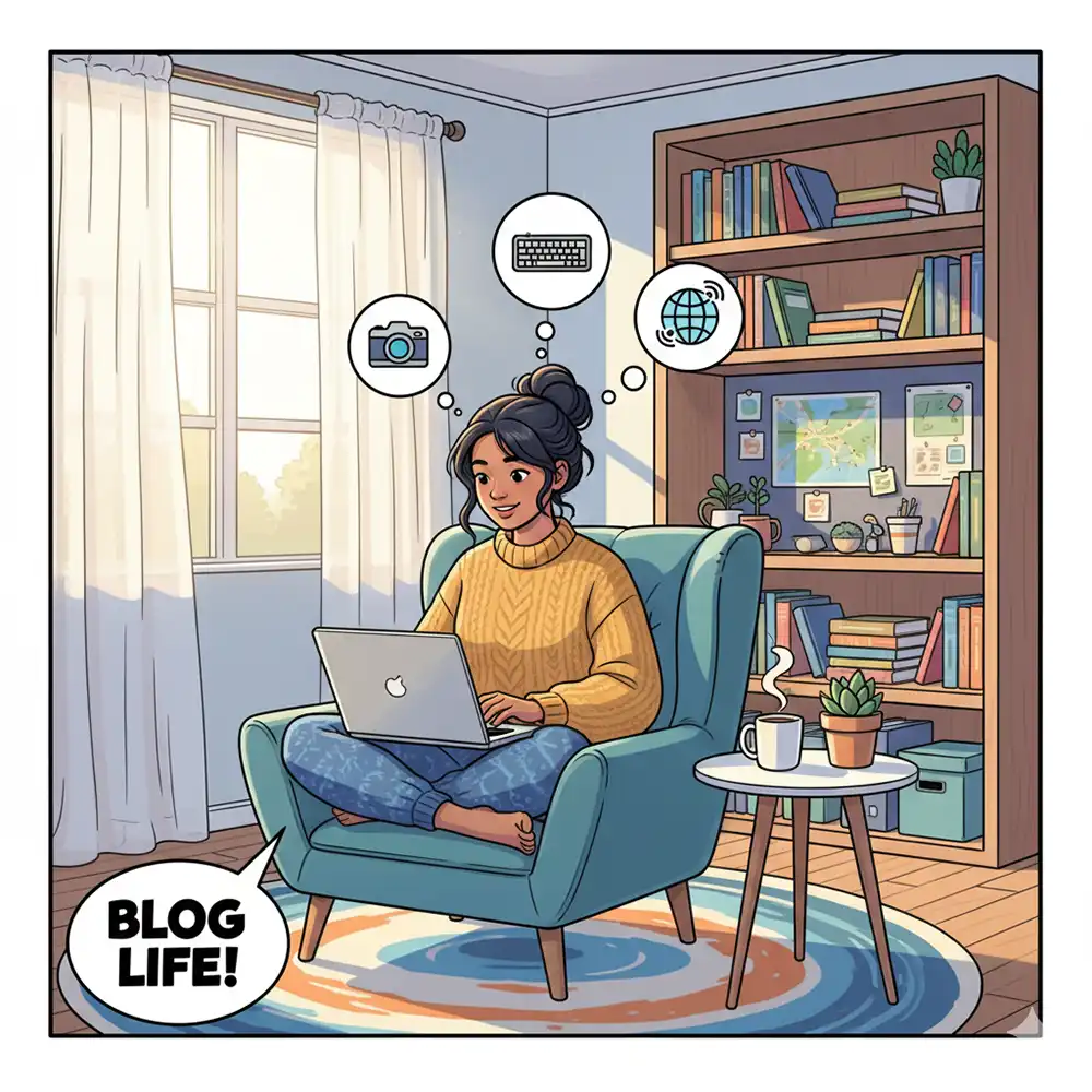 明るい部屋でノートパソコンで作業するブロガー