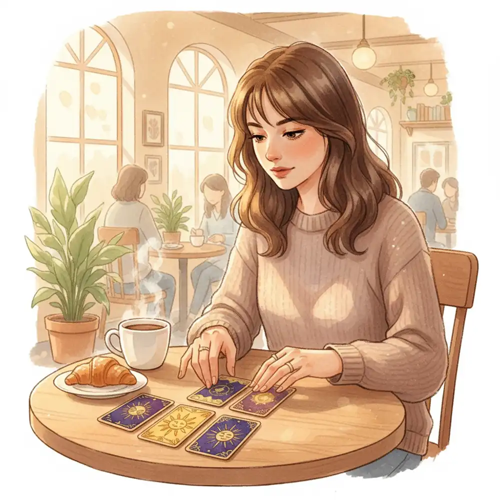 カフェのテーブルでタロットカードを見ている女性