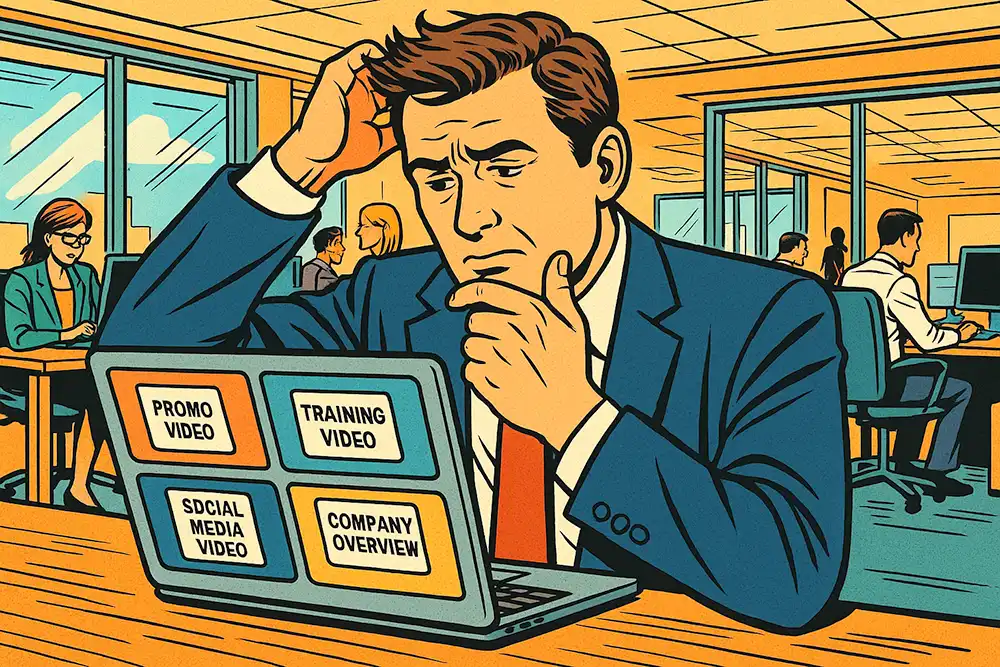 IR動画担当者が多種のテンプレートを前にどれを使うか決められず頭を抱えている様