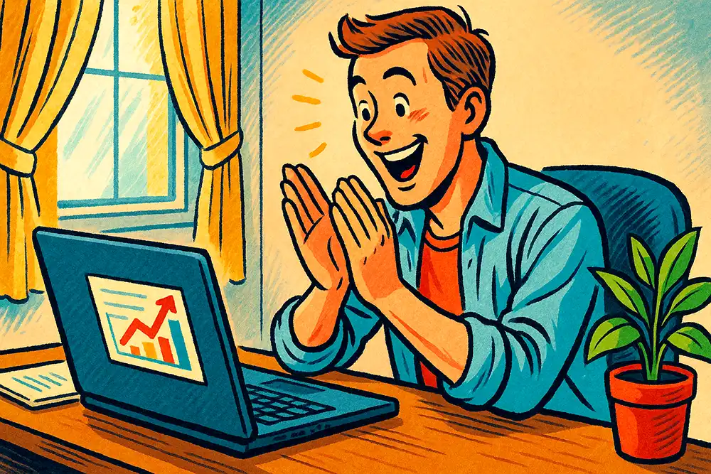 パソコンの前でブログ記事の検索順位が上昇したと喜んでいるブロガー