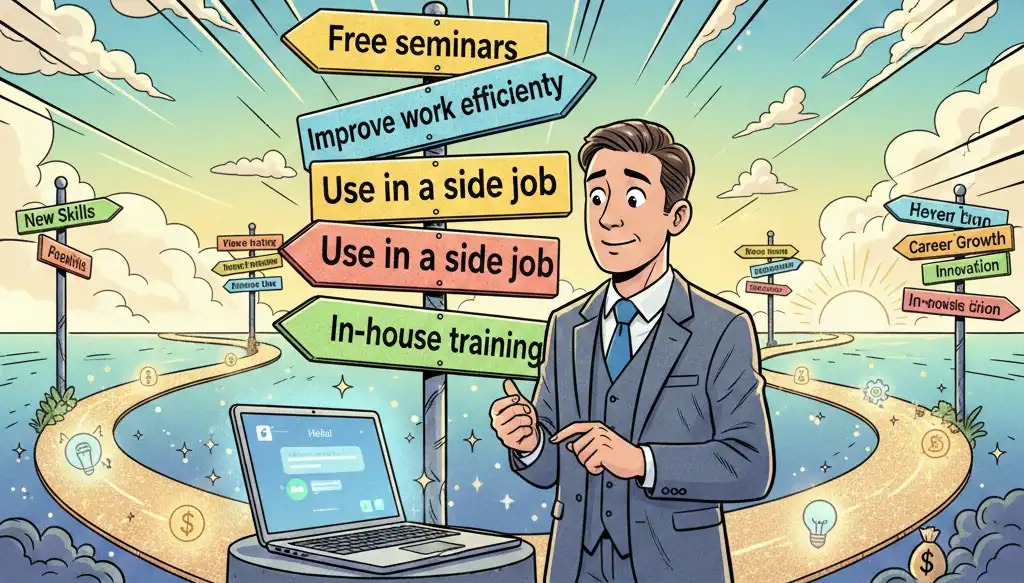 生成AIセミナー選びに迷っている初心者ビジネスパーソンが、分かれ道に立っているイラスト