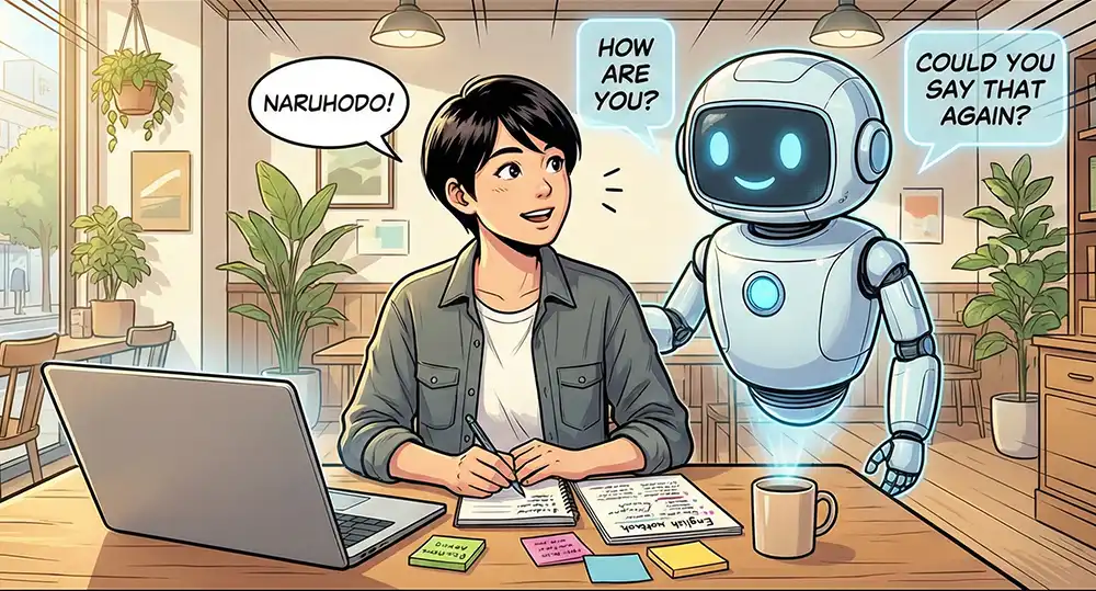 ノートPCの前に座る日本人の若い社会人が親しみやすいAIロボットから英会話を教わっている