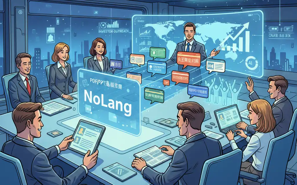 日本の上場企業のIRチームが、モダンなオフィスで「PDF/PPT決算報告書」を「NoLang」(画面上のシンプルなテキスト)とラベル付けされた光るAIパネルにアップロードしているイメージ