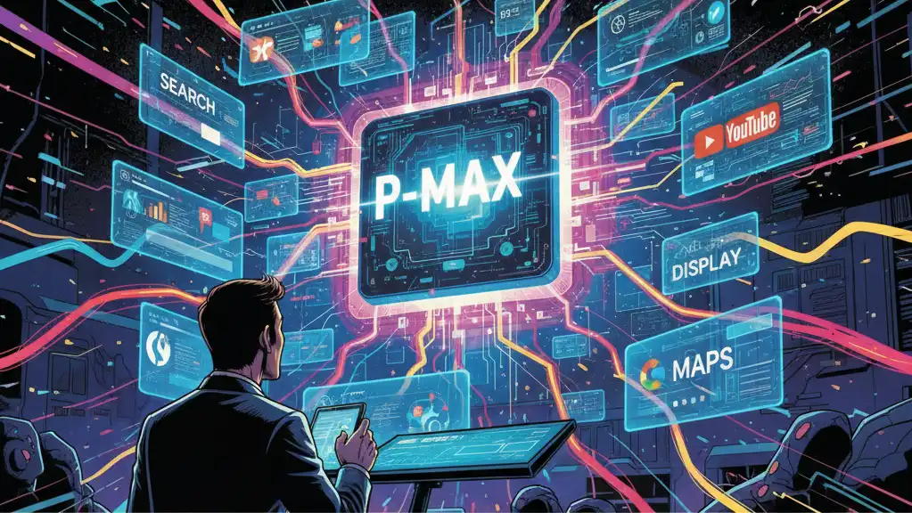 検索・YouTube・ディスプレイ・Maps・GmailなどのGoogle広告面がパネル状に浮かび、AIが自動で配信最適化している様子