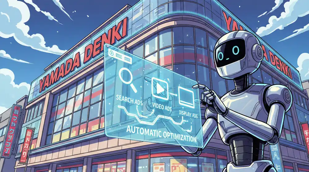 巨大な家電量販店「ヤマダデンキ」を背景に、AIロボットが広告配信用のコントロールパネルを操作しているイラスト