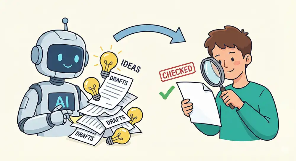 AIがたくさんのアイデアや下書き（DRAFTS）を出し、人間がそれを虫眼鏡でチェック（CHECKED）しているイメージイラスト
