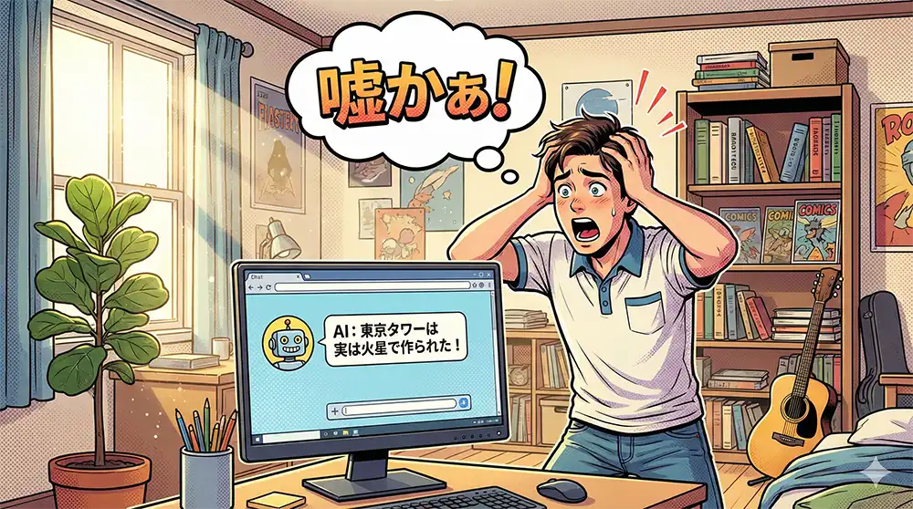 モニタに映し出された生成AIの嘘回答に驚いている大学生
