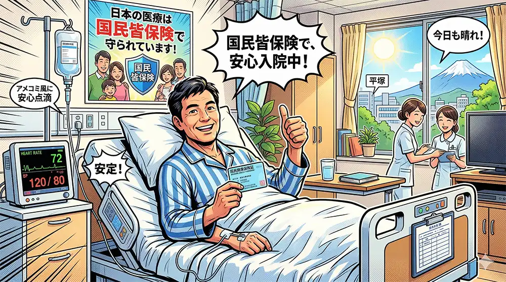国民皆保険で安心して入院している男性患者のイメージイラスト