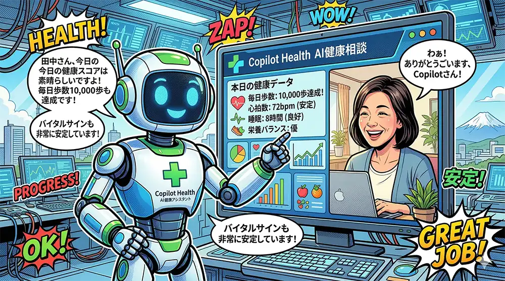 AIロボ「Copilot Health」がモニター越しに相談者に健康情報を説明している場面のイメージ画像