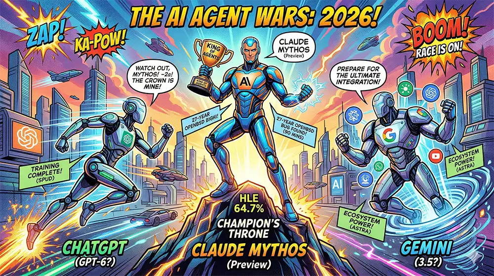 現在の王者『Claude Mythos』を追い越すべく虎視眈々とその位置を狙うGeminiとChatGPTのイメージイラスト