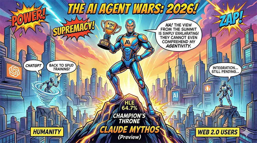 現在の生成AIの覇者『Claude Mythos』が自慢げに下界を見下ろしているイメージイラスト