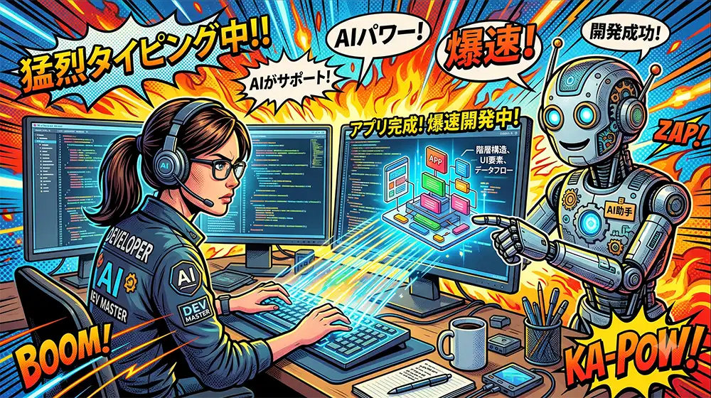 PCの前で、AI（Cursorなどのツール）とエンジニアが協力し、光の速さでコードやアプリが組み上がっていく様子。