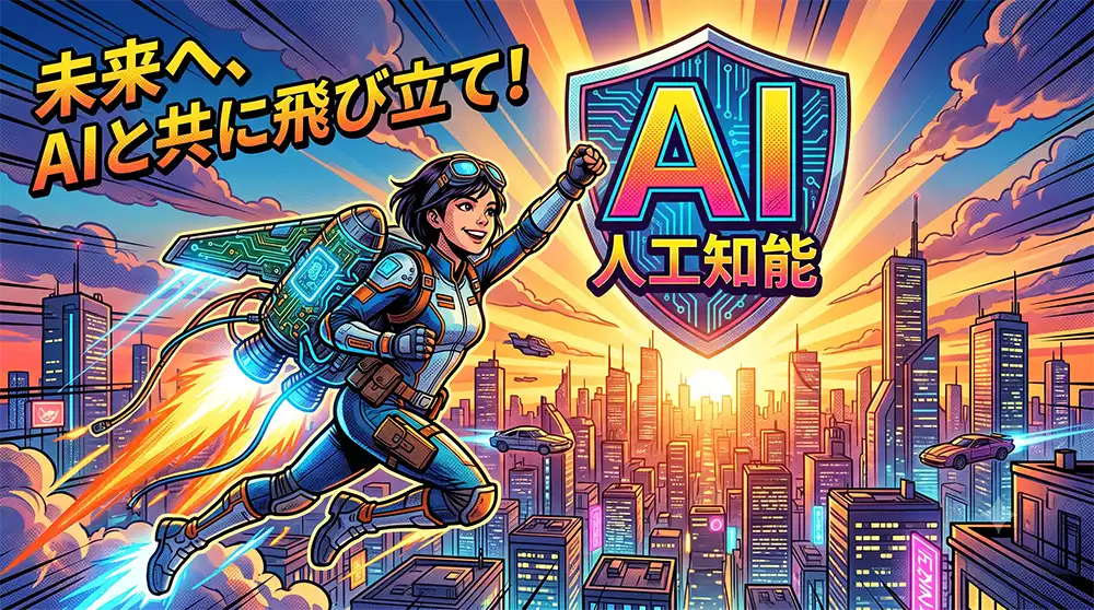 「今さら始めて遅くない？」という不安を吹き飛ばし、AIと手を組んで未来へ飛び出すイメージ。